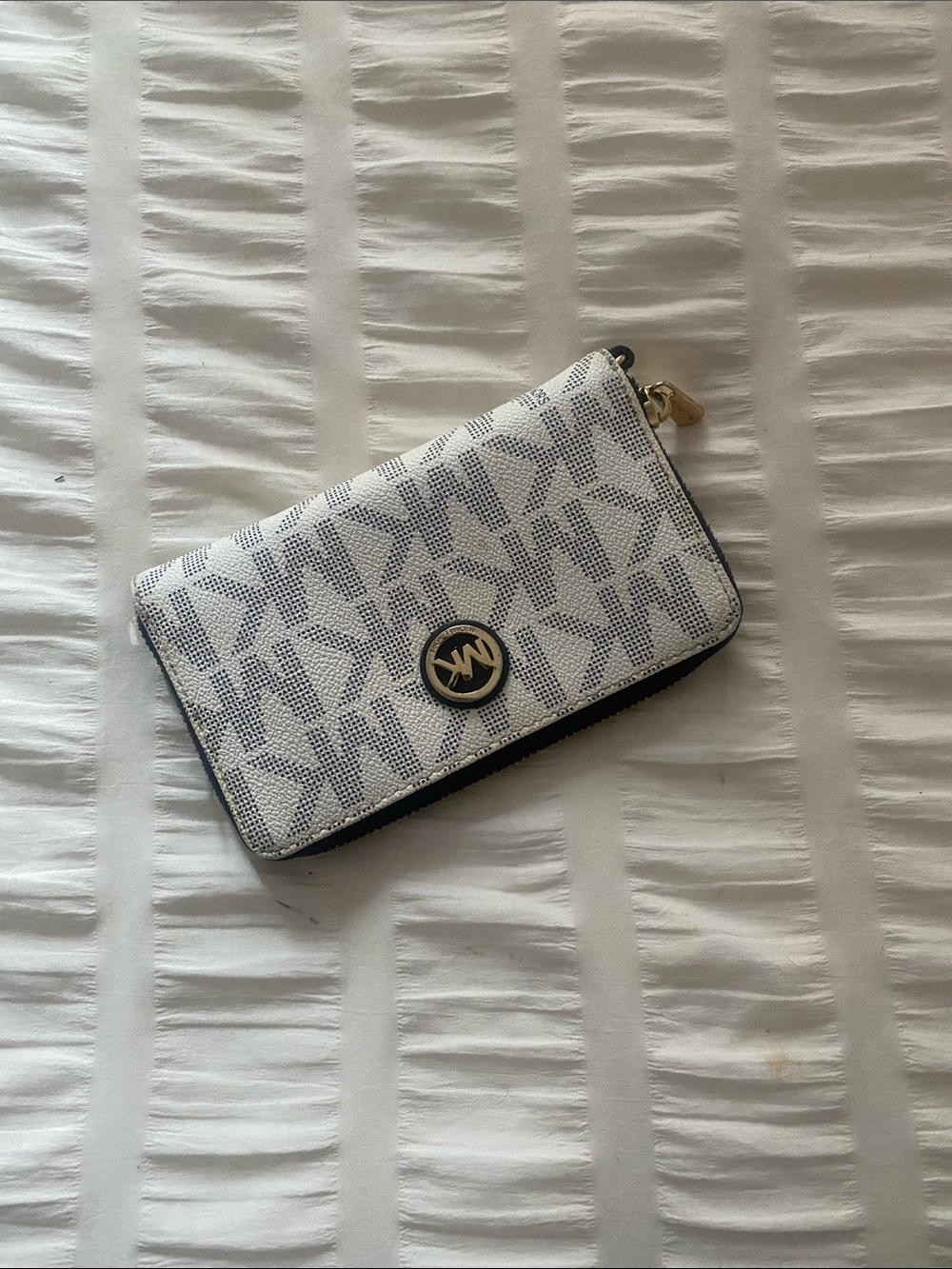 Michael Kors White & Gray MK Logo Zip Wallet with Gold Accent